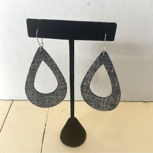 LEATHER earrings Handmade Teardrop Navy Blue and Silver
